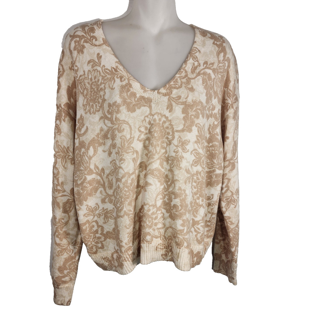 LOFT Women Beige Floral Jacquard V Neck Cotton Knit S Neutral Cottagecore Preppy